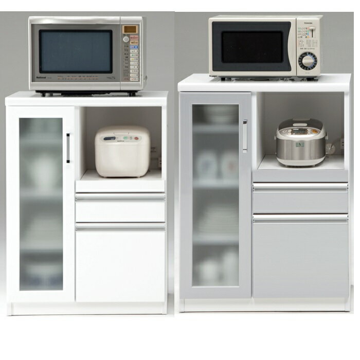 Rakuten - 送料無料 TO カウンター 幅70cm 収納カウンター レンジ置きカウンター ハイカウンター ガラス扉付カウンター メラミン天板 完成品 国産 大川家具 日本製 ホワイト シルバー