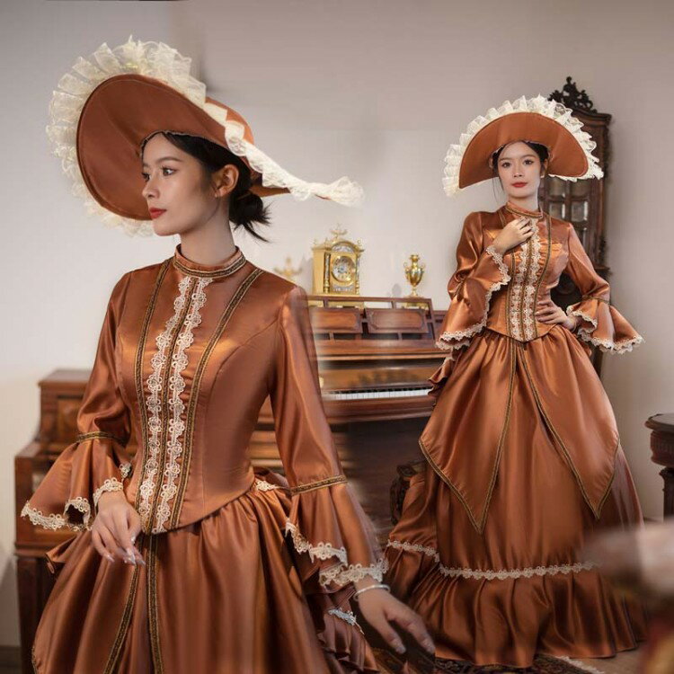 貴族 衣装 王族服 カラードレス 貴族ドレス ステージ衣装としても最適 カラメル色 お姫様ドレス+頭飾り bustle 中世貴族風 新劇演出 パーティードレス ...
