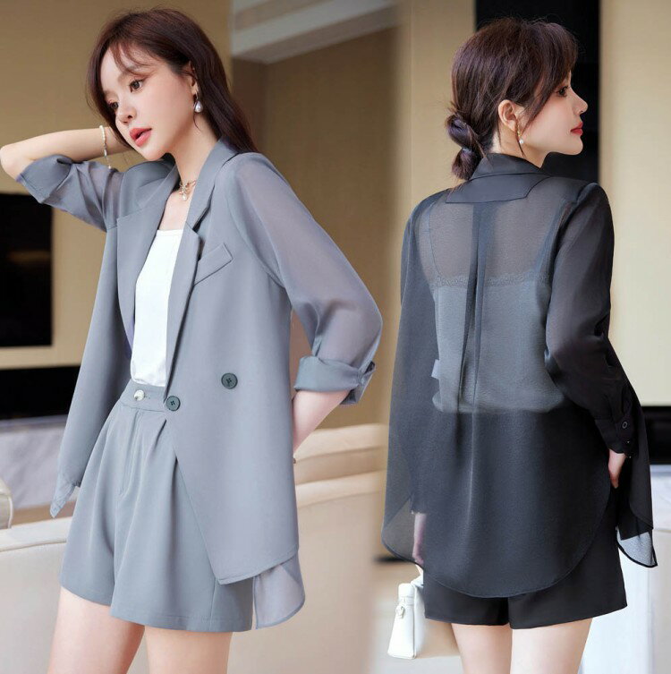 【楽天スーパーSALEポイント10倍】【スーパーSALE先着10名：600円Offクーポン】セットアップ シースルー ジャケット 短パンツ 上下セット パンツスーツ きれいめ 会社 冷房対策 オフィス 通勤 OL レディース スーツ 長袖 アウター 羽織 女性 大人 おしゃれ UVカット