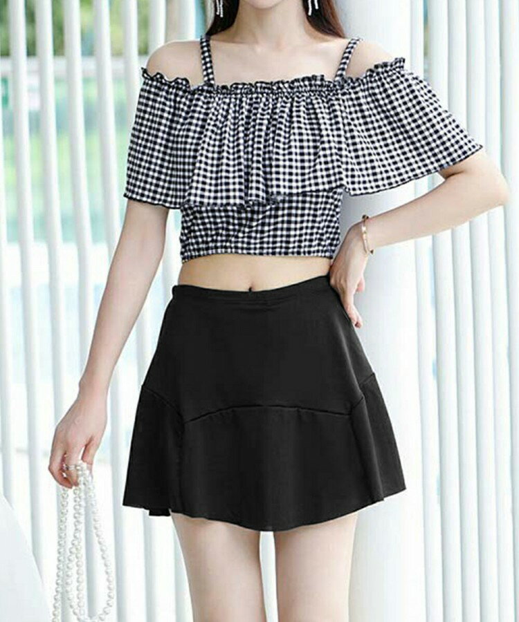 【先着60名：200円Offクーポン】水着 オフショルダーチェック柄水着 韓国風 体型カバーみずぎ サマー海 リゾート ビーチウェア海水浴