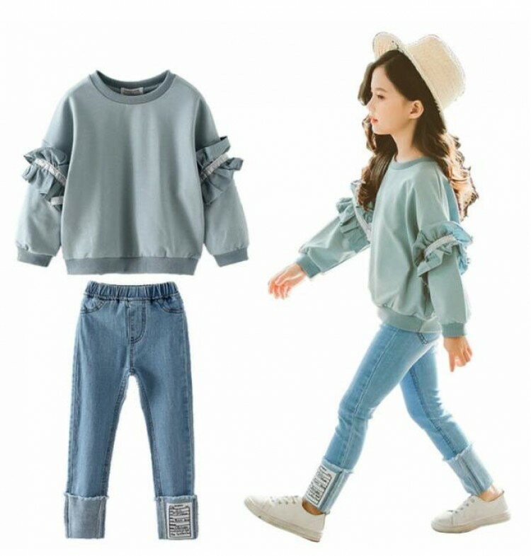 【先着60名：200円Offクーポン】春秋 韓国子供服 女の子 上下 長袖 パーカー Tシャツ +ジーンズ 2点セット 長ズボン バー フー 子ども服 キッズ用 セットアップ 学生服 ファッション セッ ジュニア スポーツ