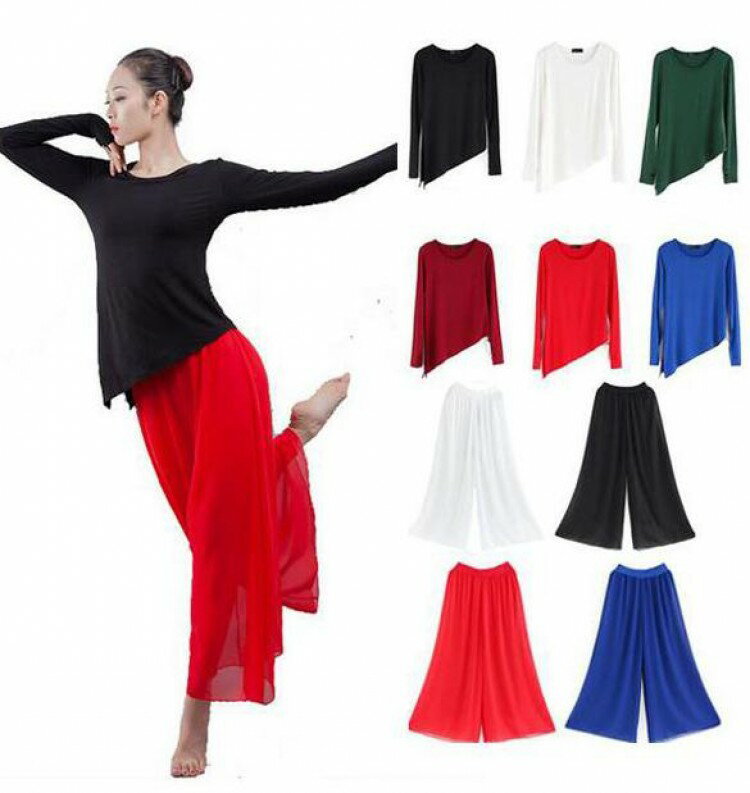 【先着60名：200円Offクーポン】色豊富レディース大人舞台ダンス衣装モダールtシャツシフォンガウチョパンツ上下2点セットアップワイド古典 バレエ