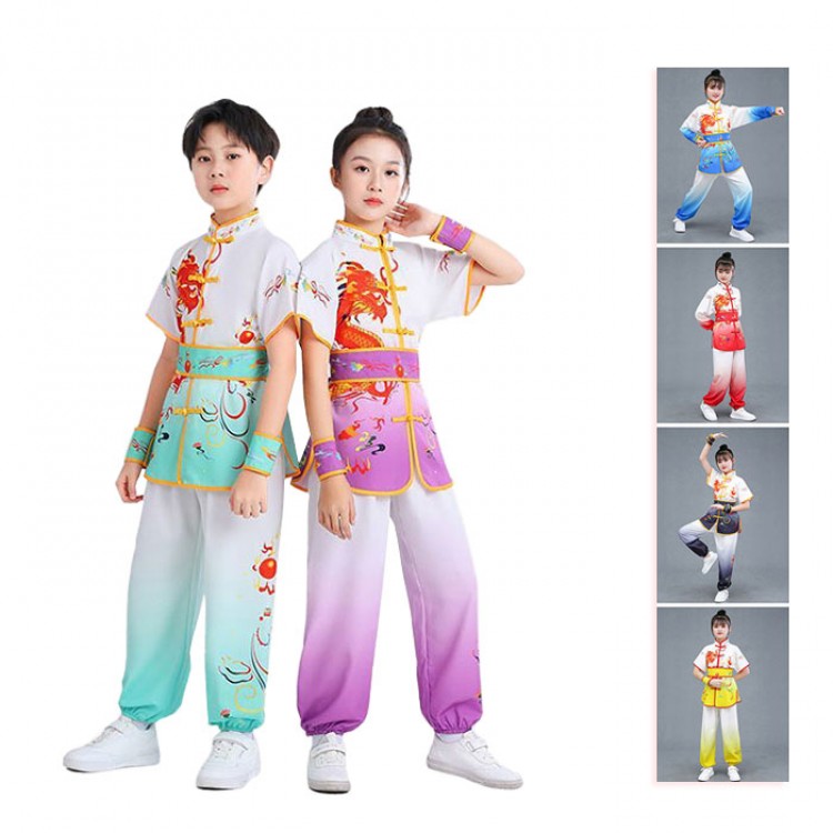 【早い者勝ち★先着10名:300円Offクーポン】子供武術服 カンフーウェア 演武服 太極拳服 キッズ 上下セット 6色 グラデーション 長袖 半袖 男の子 女の子 舞台衣装 演出服 中華風 プリント 太極拳 子ども服 ジュニア