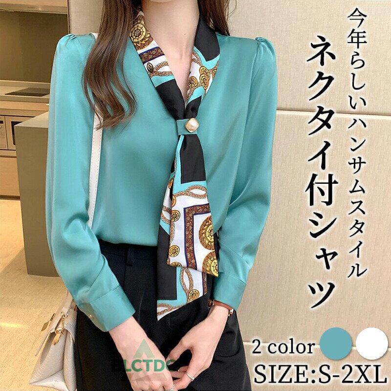 ブラウス 長袖 ネクタイ付き トップス シフォン Vネック プリント チュニック シフォンブラウス リボンネック ボタン飾り 長袖ブラウス プルオーバー 春 秋 ホワイト 通勤 オフィス ゆったり シンプル カジュアル コーデ