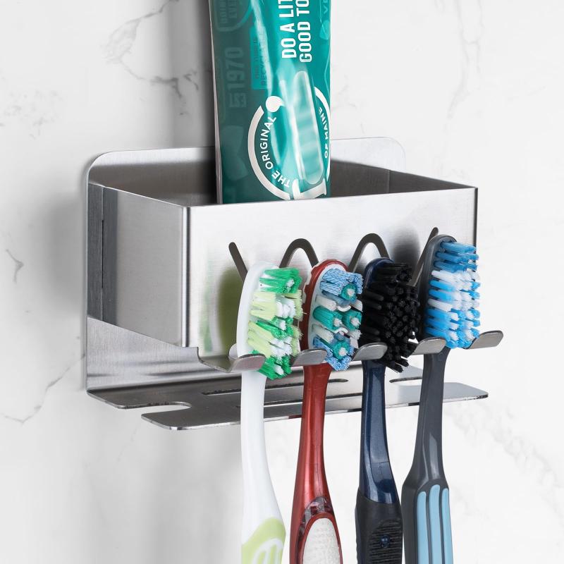 Linkidea 壁掛け歯ブラシホルダー シャワー用 4スロット ステンレススチール 粘着式歯ブラシ&歯磨き粉ハンガー Colgate Extra Clean、Oral-B CrossAction対応オーガナイザー(シルバー)