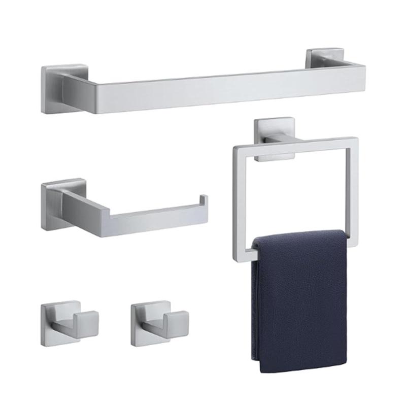 5点セット ステンレス鋼製 タオルハンガー タオルリング トイレットペーパーホルダー タオルフック ネジ付き バスルーム キッチン 浴室 壁掛けフック おしゃれな収納用品 四角いチューブ