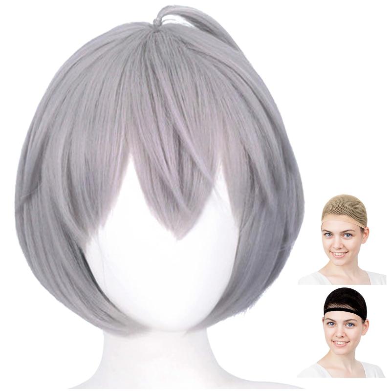 CaseEden コスプレ ウィッグ ショート 30cm 耐熱 シルバー 銀髪 ウィッグネット2個セット