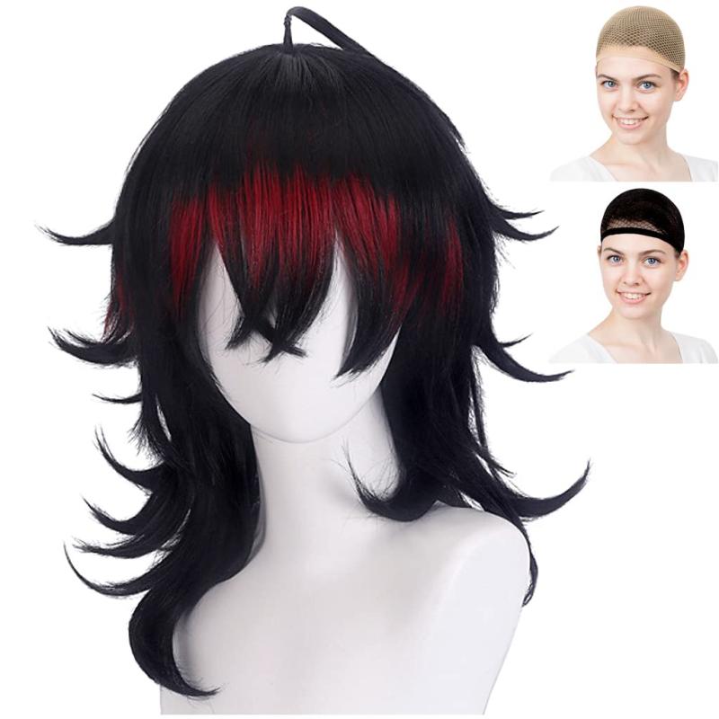 CaseEden コスプレ ウィッグ ロング 50cm 耐熱 黒髪 ブラック ＆ レッド ウィッグネット2個セット