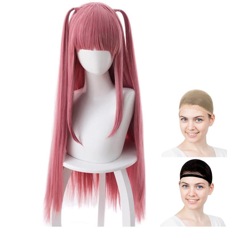 CaseEden コスプレ ウィッグ ロング ツーサイドアップ 耐熱 ピンク 暗めのピンク ウィッグネット2個セ..