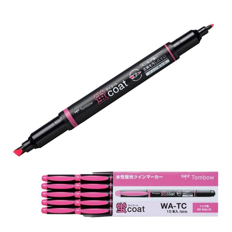 トンボ鉛筆 蛍光ペン 蛍コート ツインタイプ 桃色 ピンク (強いペン先 ポリマーコート芯) 10本 WA-TC90-10P【太芯】3.8mm／ペン先の周囲をガードしたポリマコート芯【細芯】0.8mm／丈夫なプラスチック芯【仕様】インク補充式（別売の補充インク「蛍コートチャージャー」で補充可能）【単品サイズ】最大幅16×全長141mm／本【入数】10本入り