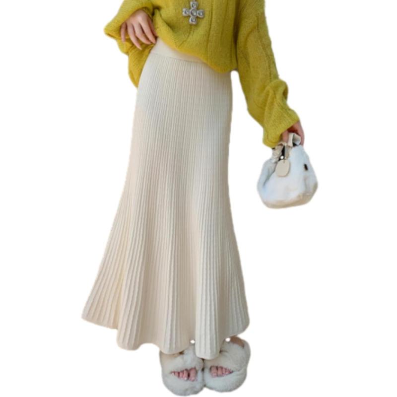 [POGCZMKK] スカート レディース リブニット マーメイドスカート ロング丈 ハイウエスト Aライン プリーツ 無地 おしゃれ きれいめ 可愛い 暖かい カジュアル 体型カバー 着痩せ 優雅 通勤 春