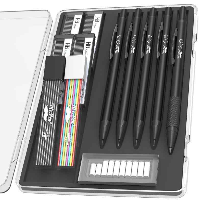 Mr. Pen- Metal Mechanical Pencil Set with Lead and Eraser Refills, 5 Sizes, Black, 0.3, 0.5, 0.7, 0.9, 2mm, Drawing Mechanical