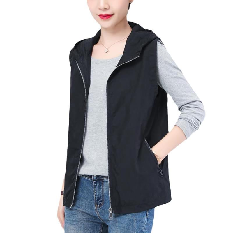 女性フード付きベスト春夏薄型ライナールーズノースリーブベストジャケットカジュアルジッパー付きポケ..