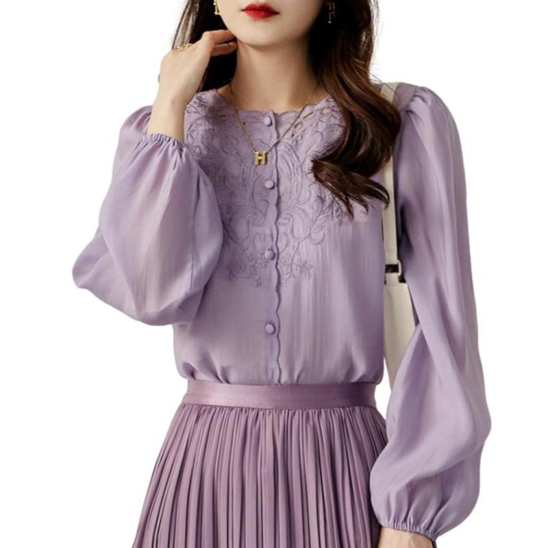 [J-Scott] 【在庫限り】[ジェイスコット] 刺繍シフォンブラウス ボタニカル柄 パフスリーブ 長袖 スカラップ きれいめ レディース JS86