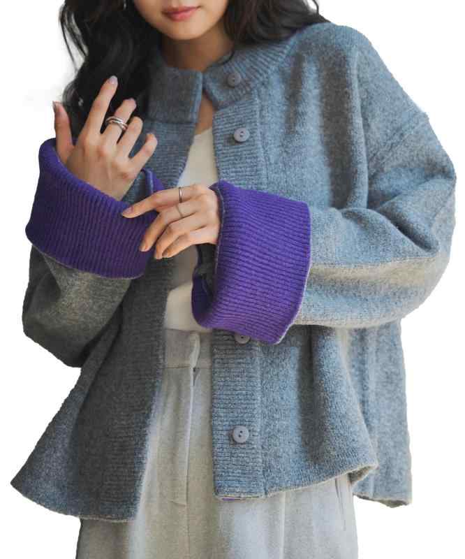 [神戸レタス] 袖バイカラー ニットジャケット ニットカーデ レディース 秋 冬 秋服 冬服ニット ジャケット セーター カーディガン 羽織り バイカラー スタンドカラー 長袖ニット 着映え [N120のサムネイル