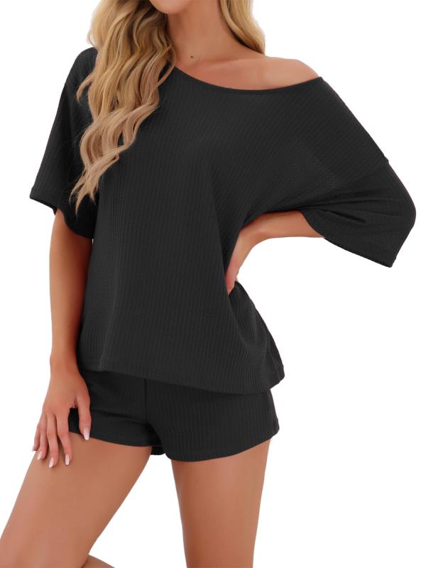 [cheibear] レディース ワッフルニット パジャマ ラウンドネック パジャマ ラウンジウェア 2ピース ラウンジセット(3)