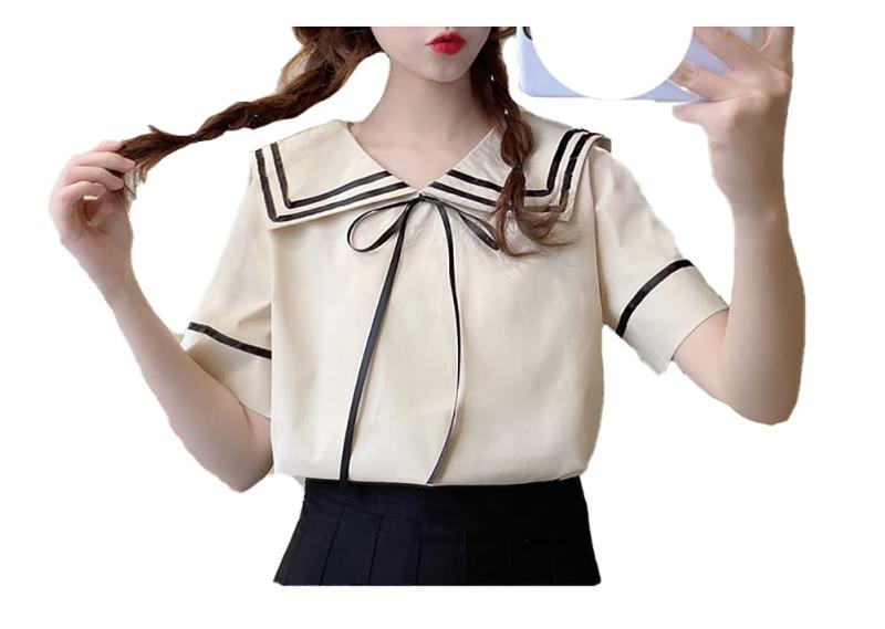 [Atopddan] セーラー風 ブラウス 半袖 夏 レディース シャツブラウス セーラー襟 リボン シンプル トップス 無地 学生 かわいい