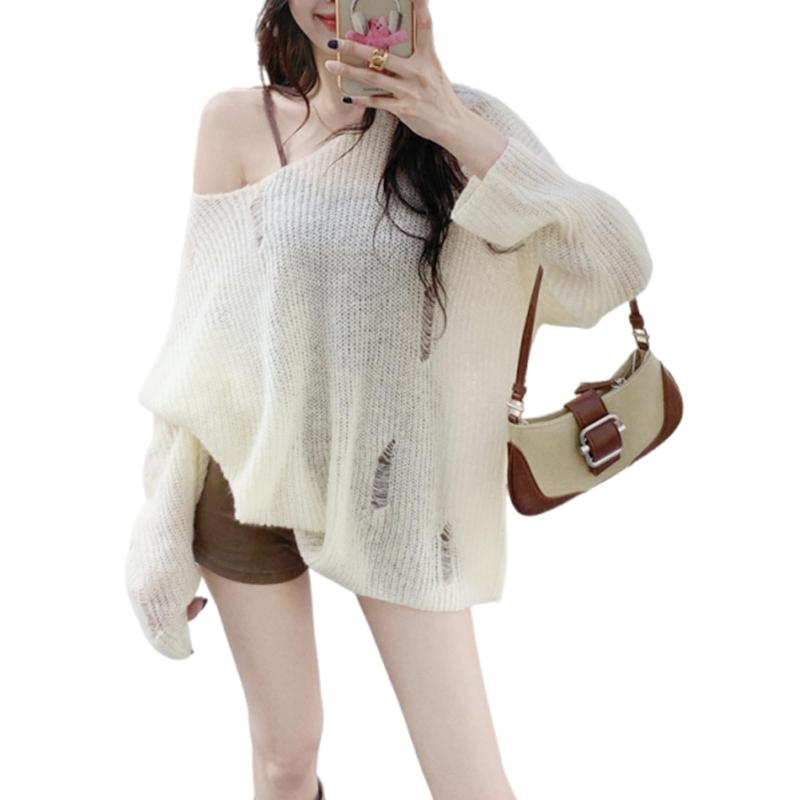 [Lamerry] 肩出し オフショルダー シースルー シアー 水着 羽織りトップス 上着 ダメージニット 冷房対策 サマー ニット 夏 大きいサイズ 服 レディース 白