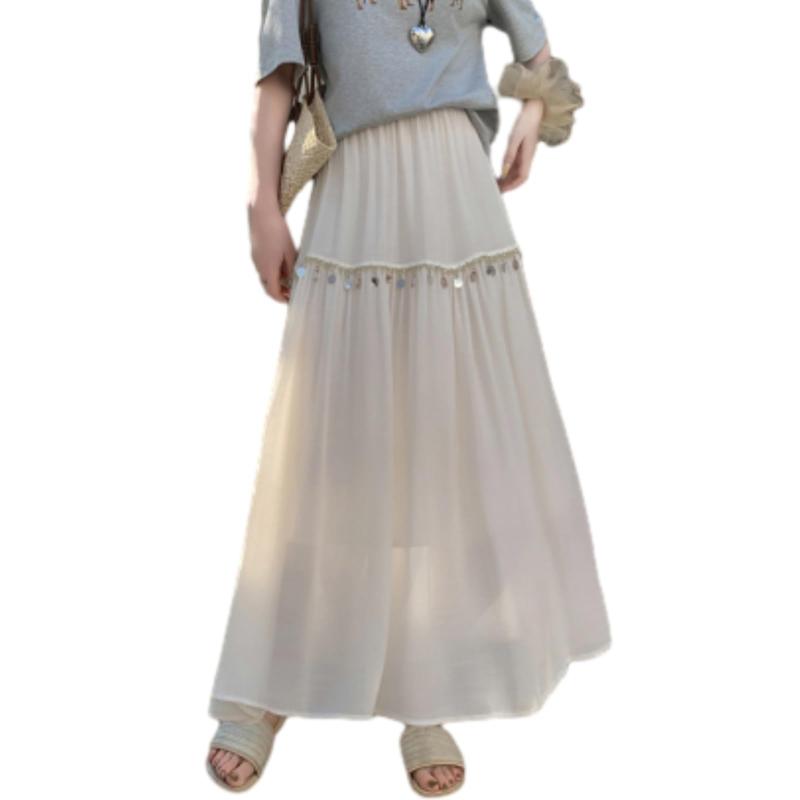 [POGCZMKK] スカート レディース ロングスカート フリンジ 綿麻 レトロ Aライン フレア ハイウェスト タイトスカート 裏地付き 光沢ある質感 マキシ丈 体型カバー エレガント カジュアル 森ガ