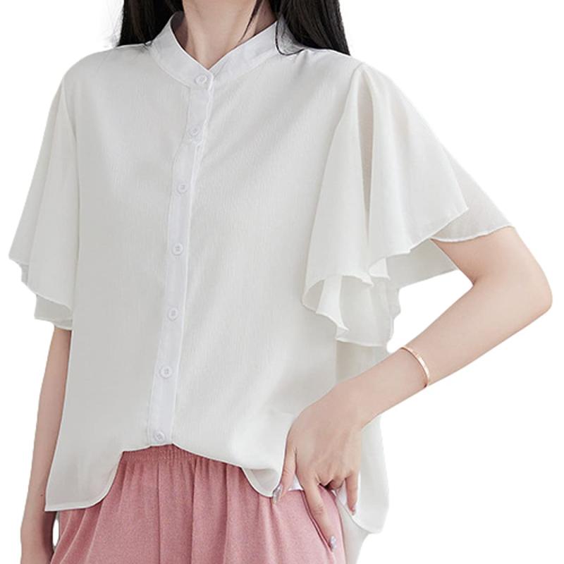 [アイカ] フリルブラウス シフォンブラウス 楊柳ブラウス シャツブラウス 涼しい 薄手 楊柳 半袖 シフォン フレアスリーブ ＆ レイヤード デザイン バンドカラー スタンドカラー 無地 レデ