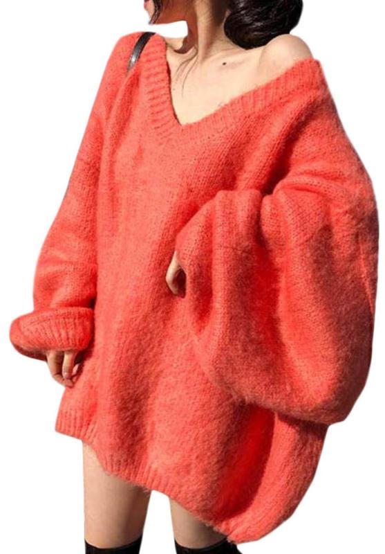 Bestmood ニットセーター レディース Vネック 長袖 ゆったり プルオーバー ニット モヘア ジャギー セーター ふわふわ 肩出し ファッション トップス 暖かい かわいい 秋 冬 大きいサイズ