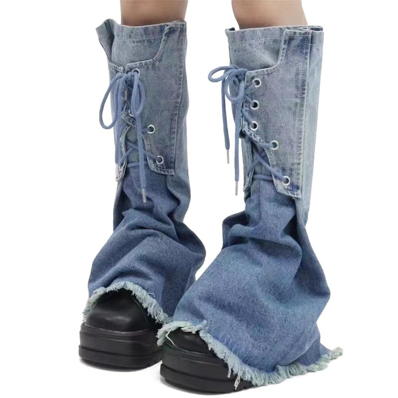 Rakuten - [FakeFace] レッグウォーマー レディース ギャル服 y2k ファッション フレアパンツ デニム レースアップ ブーツカバー 足長効果 地雷系 服 韓国ファッション 女子レッグウォーマー 暗黒系 原宿