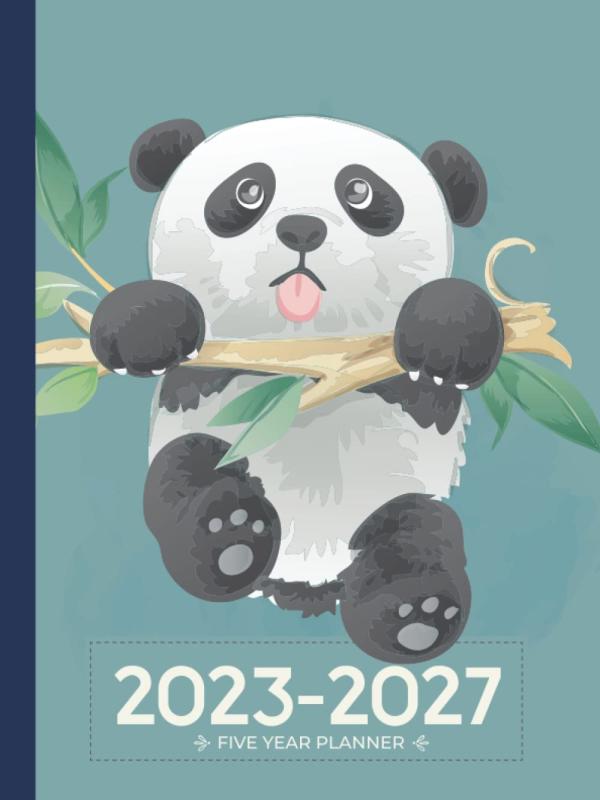 5 Year Monthly Planner 2023-2027 | Large | Cute Panda Hanging On: Calendar Book (US Federal Holidays, Moon Phases, Vision Board