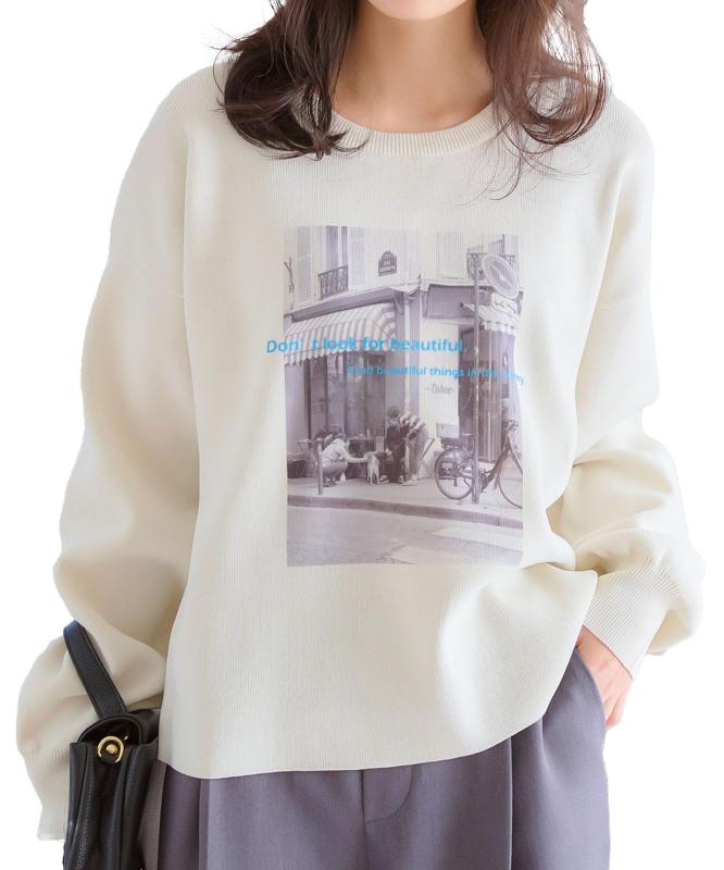 Rakuten - [神戸レタス] ニット セーター プルオーバー フォトプリント プリントニット 長袖 トップス ゆったり [N1135]