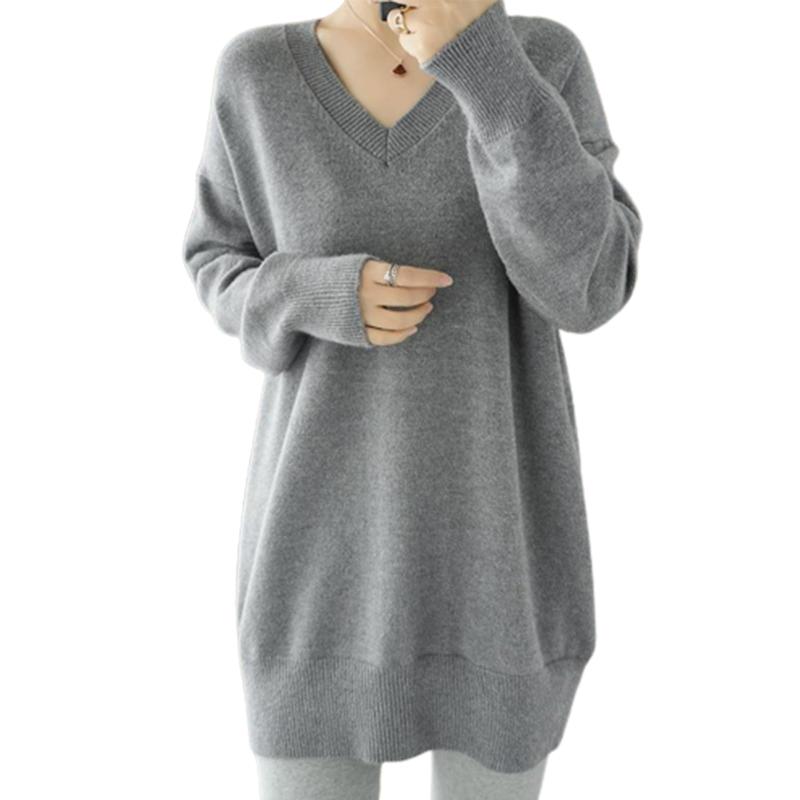 Rakuten - [Gdnelhuonox] 女性の長袖セーター ニット レディース リブ ニット トップス Vネック ゆったり大きめサイズ エクストラロング シンプル 長袖 無地 カジュアル 秋冬