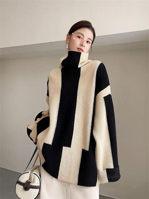 [YUANYUAN] CREAM ニットセーター レディース 長袖 プルオーバー トップス ハイネックセーター 体型カバー カジュアル ゆったり ストライプ 韓国風 原宿風 暖かい 柔らかい 通学 通勤 着痩せ フ