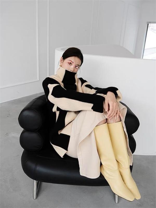 [YUANYUAN] CREAM ニットセーター レディース 長袖 プルオーバー トップス ハイネックセーター 体型カバー カジュアル ゆったり ストライプ 韓国風 原宿風 暖かい 柔らかい 通学 通勤 着痩せ フ