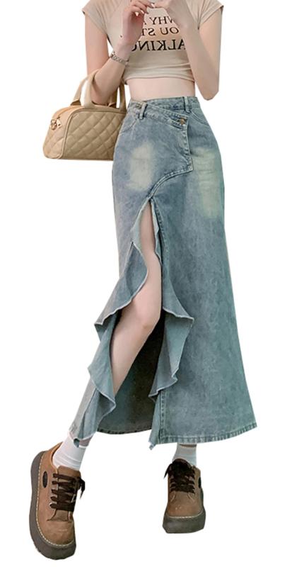 [WANSHIX] デニム マーメイドスカート レディース デニムスカート スリット入り ハイウエスト 着痩せ マキシ丈 フリルスカート 美脚 おしゃれ