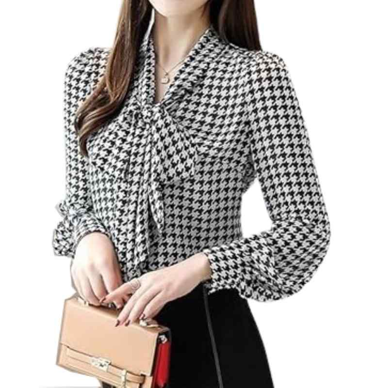 [3MDGHD] レディース トップス ブラウス シャツ ボウタイ リボン 長袖 千鳥 格子 柄 韓国 きれいめ おしゃれ 人気 定番