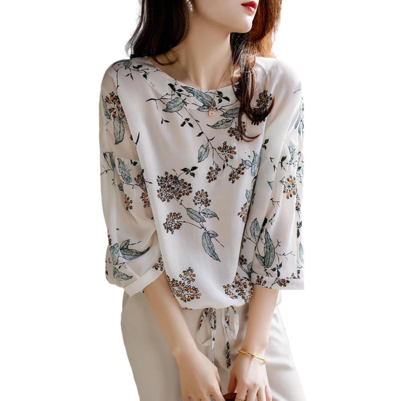 [J-Scott] 【在庫限り】[ジェイスコット] ボタニカル柄カットソー 花柄シフォン ドローストリング 透け感 7分袖 バルーンブラウス JS48