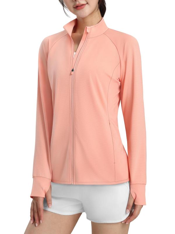 [KEFITEVD] ラッシュガード レディース フードなし UPF50+ スポーツウェア 吸汗速乾 長袖tシャツ 指穴付き 立ち襟 ジップアップ 上着 登山 ゴルフ テニスウェア
