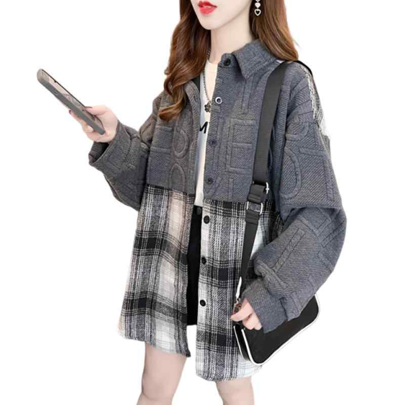 [Leadamon-oee] ジャケット レディース 切り替え アウター チェック コート 長袖 羽織り 襟付き トップス 異素材 ゆったり 体型カバー ボタン付き カジュアル オフィス おしゃれ 普段着 春 秋 冬