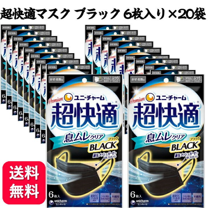 【20袋セット】超快適マスク 息ムレクリアタイプ ふつう ブラック 6枚入り