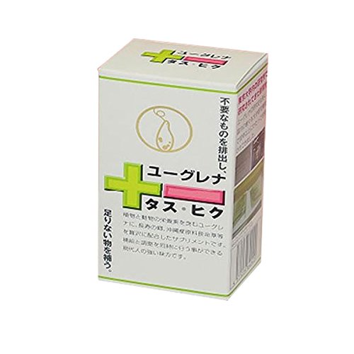 製品仕様商品名ユーグレナ　タス・ヒク内容量37.5g（340mg×90粒）原材料ユーグレナグラシリス、澱粉分解物、長命草（ボタンボウフウ）、春ウコン末、秋ウコン末、黒ウコン末（クラチャイダム）、ゴーヤ種子末、モズク抽出物、グァバ葉エキスパウダー、月桃葉エキス、ヒハツ抽出物、ゼラチン、グリセリン脂肪酸エステル、二酸化ケイ素、カラメル色素生産国日本区分健康サプリメント商品説明ユ一グレナは5億年以上前に、地球誕生の原始の地球で初めて誕生した生物の一つです。植物のように光合成を行い栄養分を体内に留め、動物のように細胞を変形させて動く地球上で唯一の植物と動物の中間的微生物です。植物と動物の両方の柱質を持ち合わせているユ一グレナには59種類の栄養素が含まれています。(ビタミン/ミネラル/アミノ酸/不飽和脂肪酸etc)期待できる効果として・・・・・ヒク ・便通の改善 ・腸管刺激による腸機能の向上 ・腸内の脂肪・コレステロールの排出効果（ラット実験では約60倍のコレステロールを排出）・有害物質を吸着し体外へ排出（ダイオキシン、残留農薬、有害金属等）期待できる効果として・・・・・タスバリエーション豊富なビタミン、ミネラル、アミノ酸、DHA、EPAを含有（動物性＆植物性）＜使用方法＞1日3〜4粒を目安に水またはお湯でお召し上がりください。※喉詰まりにご注意ください。こちらの商品は〈送料区分1〉になります。送料確認はこちら