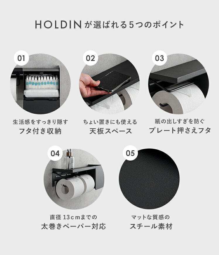 トイレ トイレ用品 サニタリー収納 隠せる収納 生理用品 ナプキン 収納ケース 収納ボックス トイレ トイレ用品 モダン スチール トイレットペーパーホルダー ホルダー ペーパーホルダー 1連式 2連式 フタ付き ブラック 収納ケース付きペーパーホルダー HOLDIN kuraso-t-10003945 KURASOTTO(クラソット) サンプル画像3