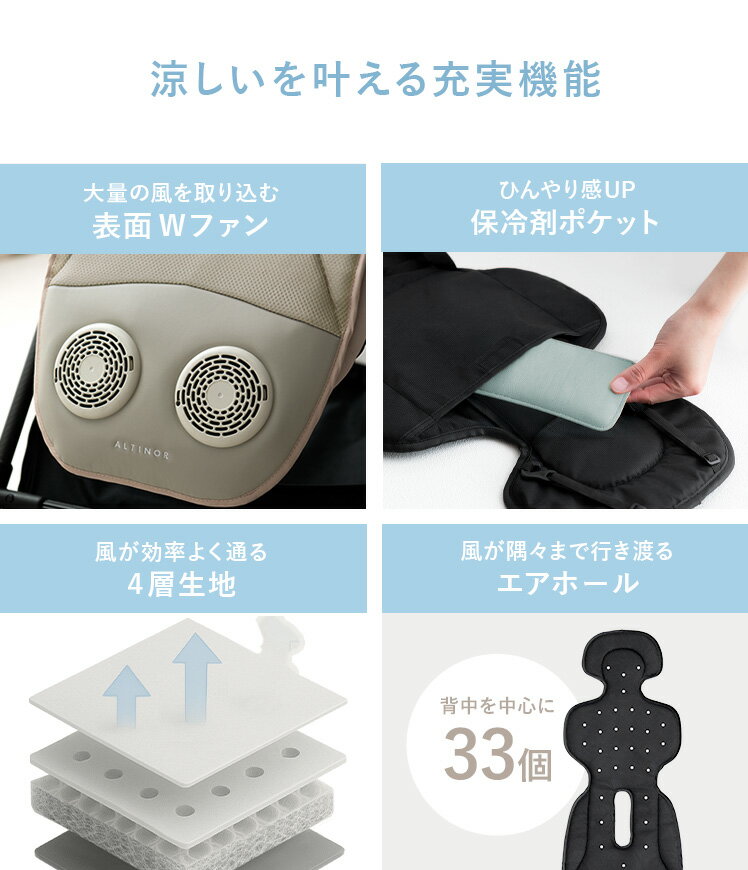 【24日まで！最大3,500円OFFクーポン配布中】 ALTINOR(アルティノル) ベビーカーシート ベビーカー ファン付き 扇風機 チャイルドシート 暑さ対策 夏 シート ファン 夏用 冷却シート 送風 保冷シート 新生児 出産祝い 洗濯可能 メッシュ 保冷剤 USB 熱中症対策 赤ちゃん