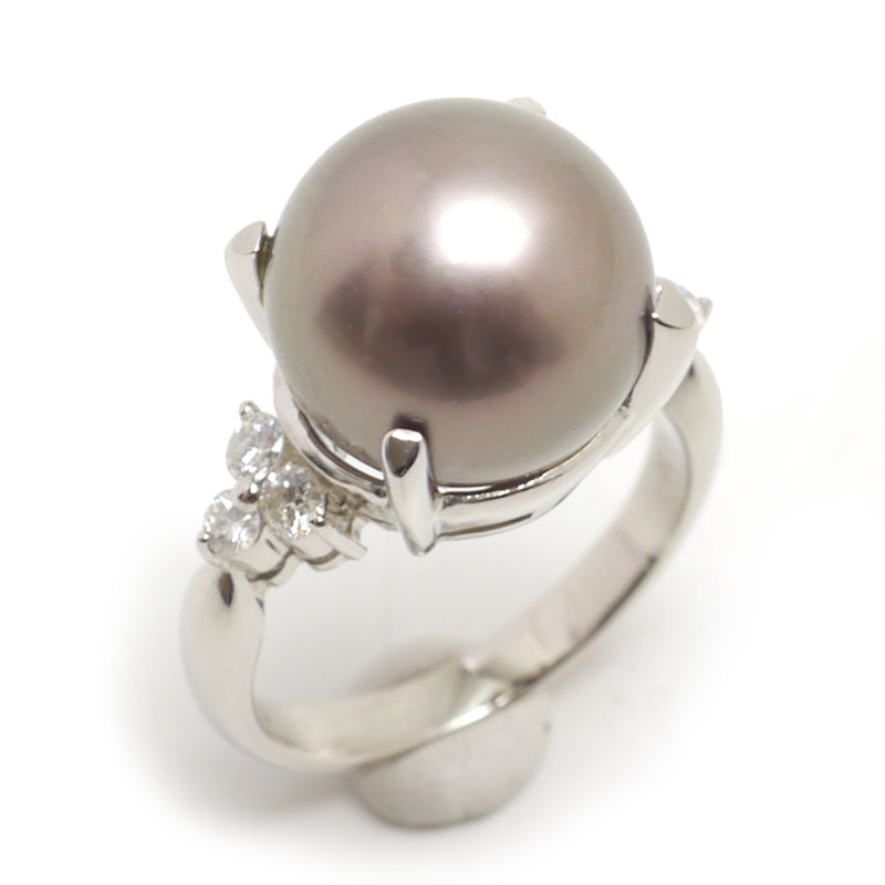Rakuten - 【中古】ブラックパールリング 約12号 PT900・黒蝶養殖真珠12.5mm・ダイヤ0.30ct【質屋鑑定品】