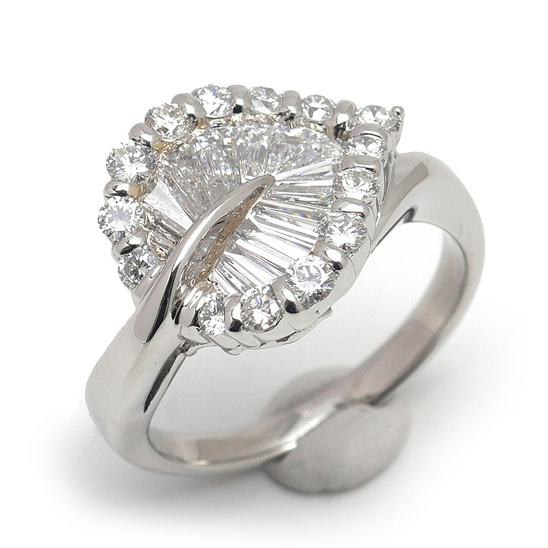 乐天商城 - 【中古】ダイヤモンドリング 約15号 PT950・ダイヤ1.52ct 葉っぱ リーフ 植物モチーフ【質屋鑑定品】