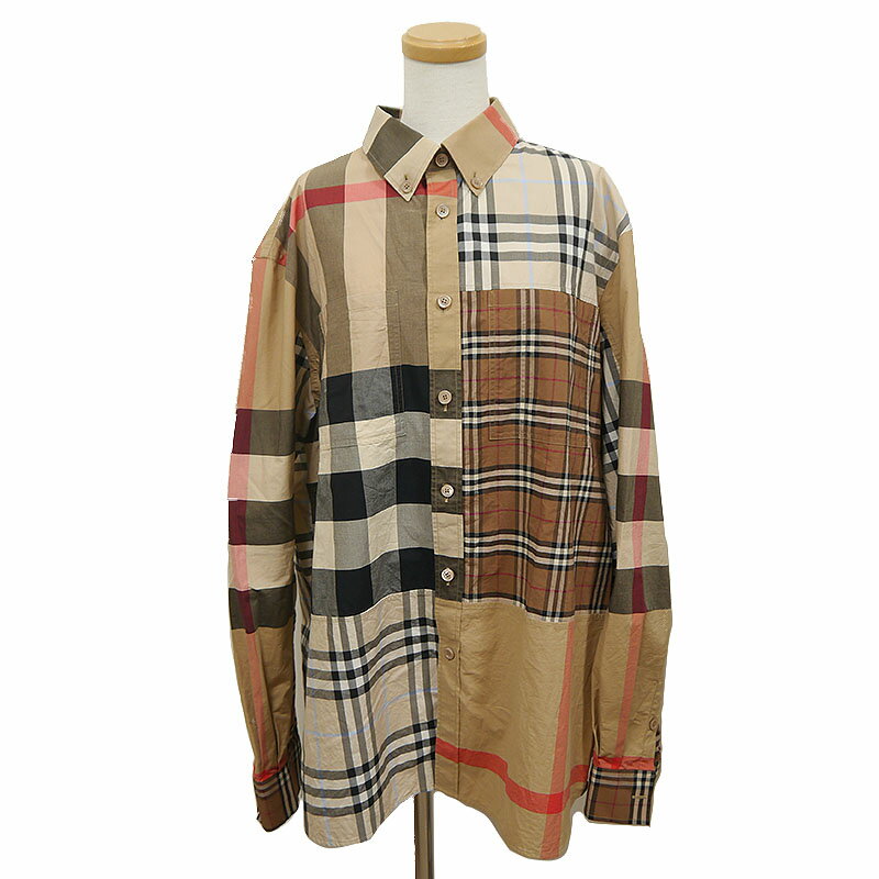 【中古】バーバリー BURBERRY パッチワークチェックシャツ 8038638 サイズL 長袖 ベージュ メンズ【質屋鑑定品】