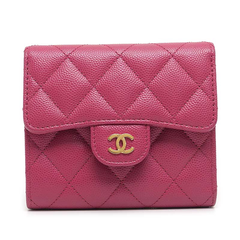 C, D, T, R, W - 【中古】シャネル CHANEL 三つ折り財布 コンパクトウォレット パープル キャビアスキン【質屋鑑定品】