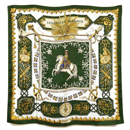 【中古】エルメス HERMES カレ90 「LVDOVICVS MAGNVS(白い馬に跨ったルイ14世)」 シルク100% グリーン系 大判スカーフ【質屋鑑定品】 【中古】エルメス HERMES カレ90 「LVDOVICVS MAGNVS(白い馬に跨ったルイ14世)」 シルク100% グリーン系 大判スカーフ【質屋鑑定品】