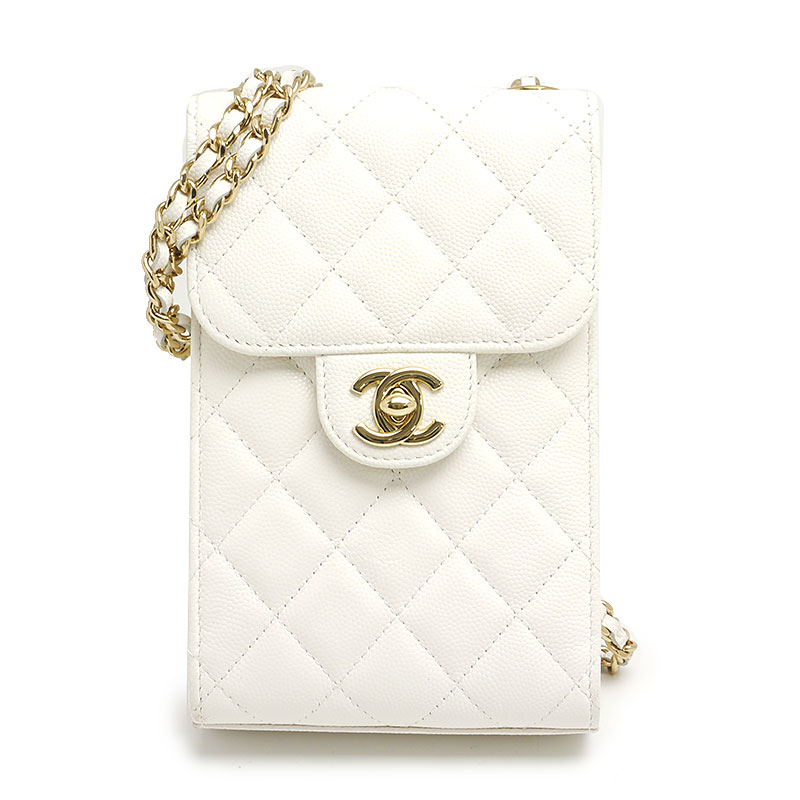 【中古】シャネル CHANEL マトラッセ フォンケース キャビアスキン チェーンショルダー 白 ホワイト ポシェット【質屋鑑定品】