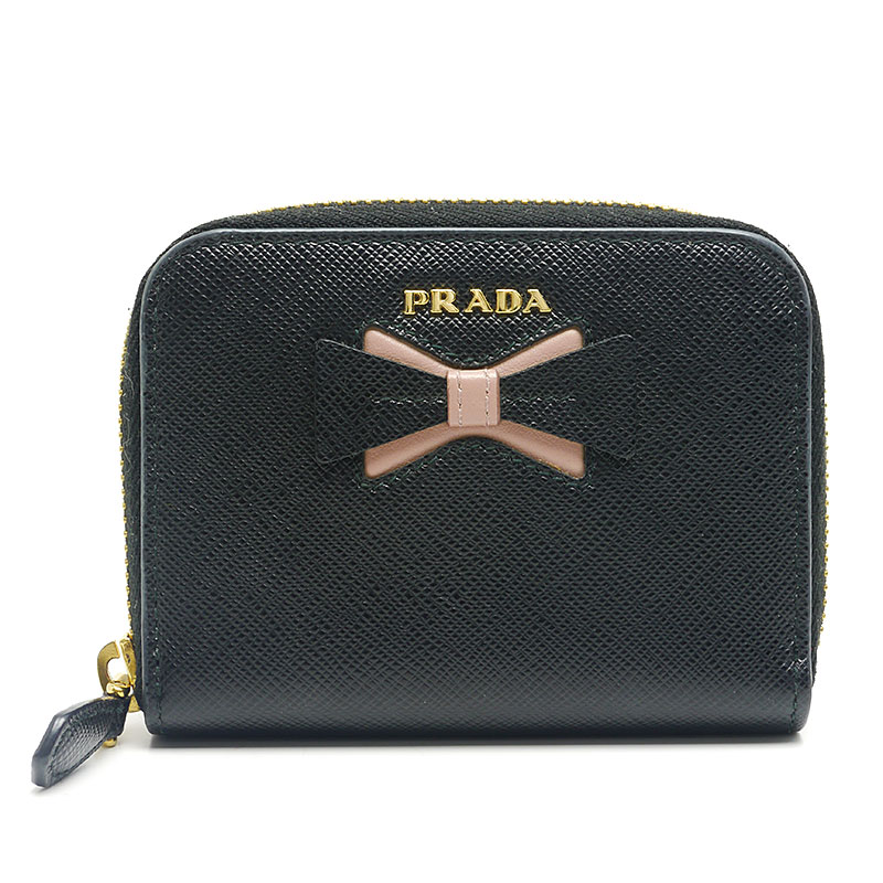 【中古】プラダ PRADA コインケース 1MM268 サフィアーノ ブラック 黒 ラウンドジップ リボン 小銭入れ【質屋鑑定品】