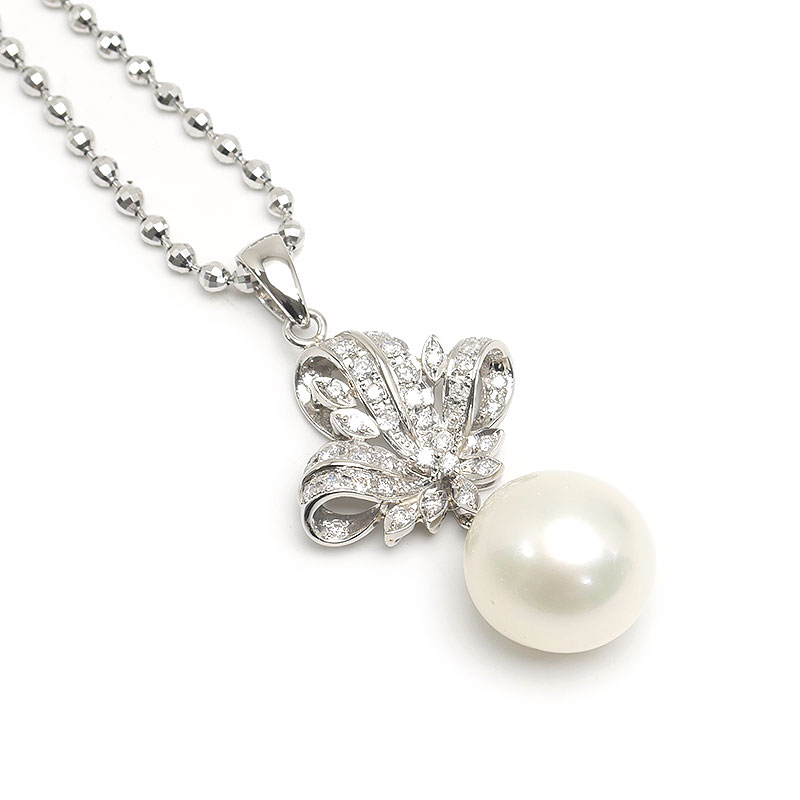 乐天商城 - 【中古】パールダイヤモンドネックレス K18WG・PT900・白蝶真珠約13.4mm・ダイヤ0.50ct【質屋鑑定品】