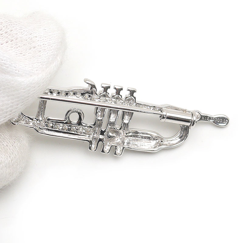 【中古】トランペットブローチ K18WG・ダイヤ0.25ct 楽器モチーフ【質屋鑑定品】