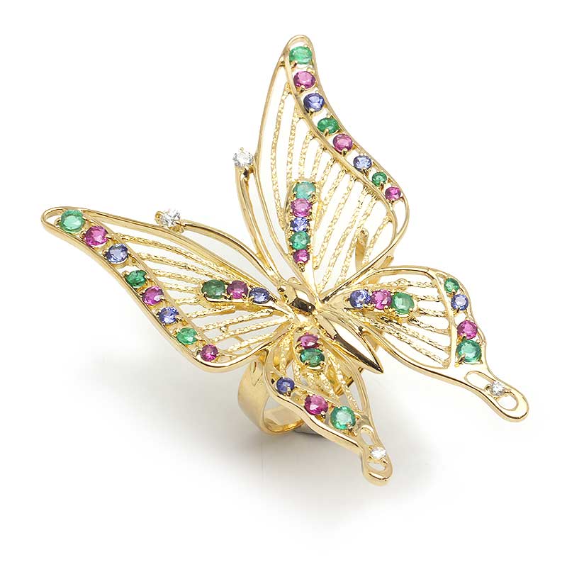 乐天商城 - 【中古】マルチカラーストーンリング #18.5 約18.5号 K18YG・3.70ct・0.15ct 蝶 バタフライ【質屋鑑定品】